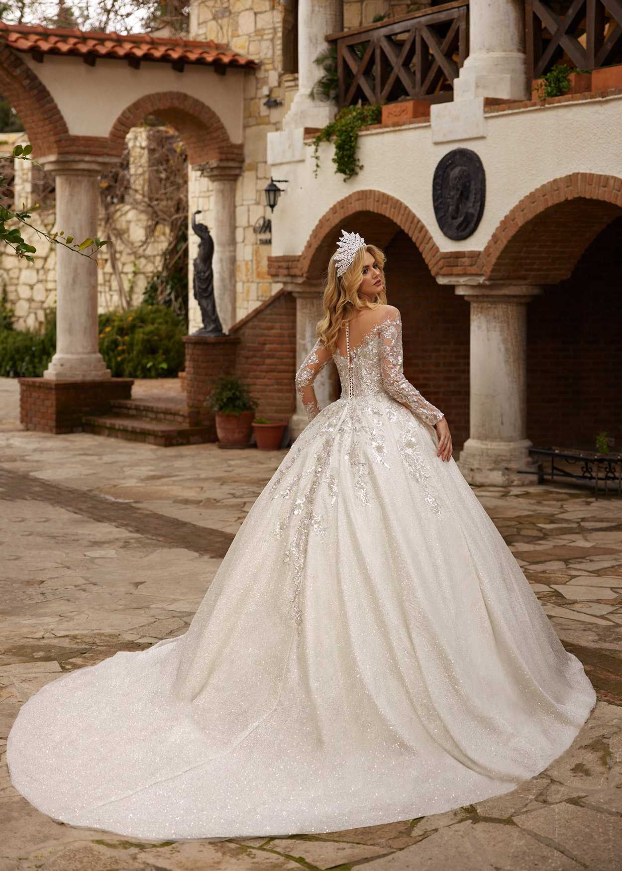 buy affordable Illusion Neckline Sequined Embellished Lace Ball Gown Wedding Dress with Illusion Sleeves royal train sparkle online wedding gowns