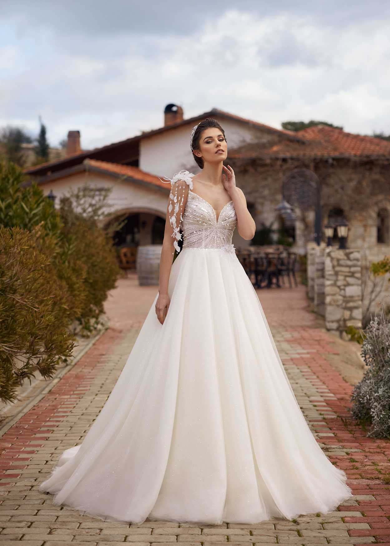 Buy V neck, pearl beaded bodice sheer chiffon a line bomenian wedding gown online bridal gowns