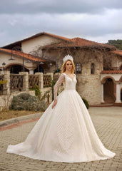 buy Simple Yet Elegant Sparkling A Line Train Wedding Gown With Long Sheer Sleeve for petite brides bridal dress boutiques online