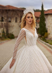 buy inexpensive Fancy Long Sheer Long Sleeve A line Princess Bridal Gown With Sparkling online wedding boutiques