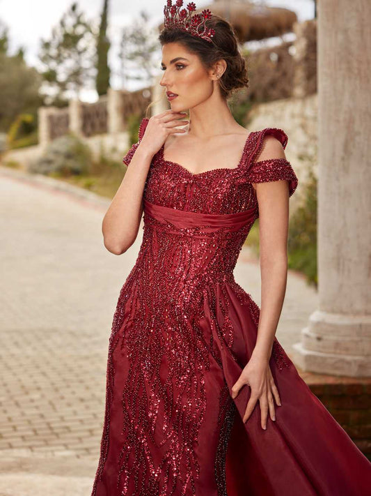 buy cheap Burgundy Fitted Sweetheart Neck Maxi Hand Beaded Designer panel train Formal Evening Party Dress for mother of the bride online wedding party dresses