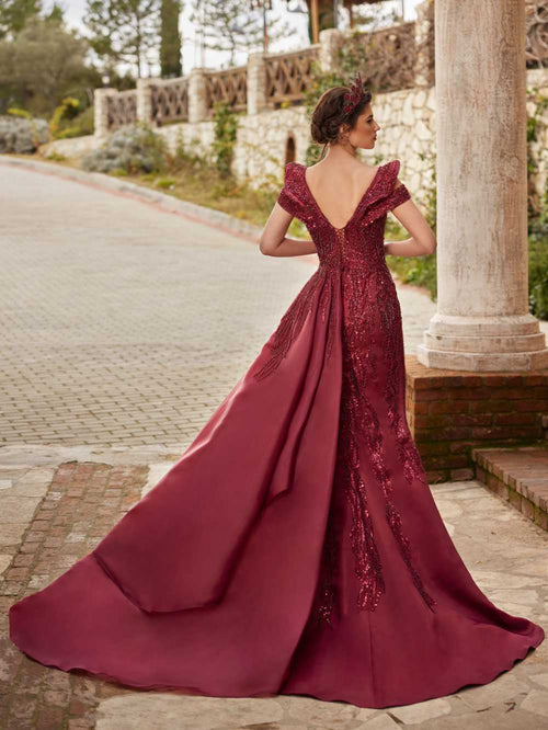 burgundy formal dresses for wedding Dress Lace Long Sleeves Ball Gown draped shoulder and with a seam Burgundy Fitted Sweetheart Maxi Beaded