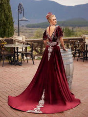 buy Burgundy Frill Short Sleeve A line Silver Embroidered V Neck Long Tail Turkish Kaftan Gown mother of the bride dress online formal dresses store