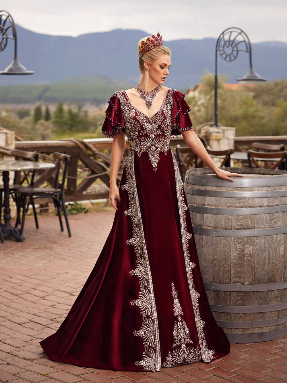 buy v neck long dark red velvet embellished henna night gown online kaftan shops