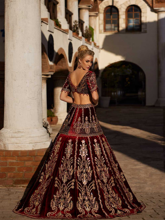 Burgundy Gold Embellished Crop Top Evening Wedding Prom Party