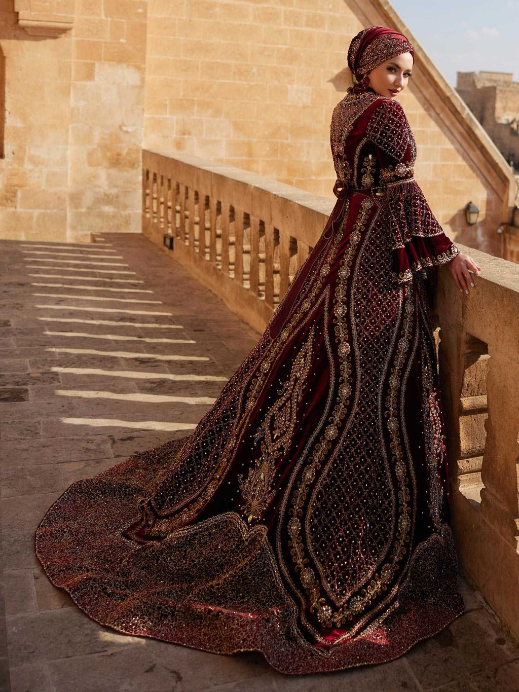 beautiful heavy embroidered court train red velvet gold embellished applique frill sleeve henna dress online turkish henna store