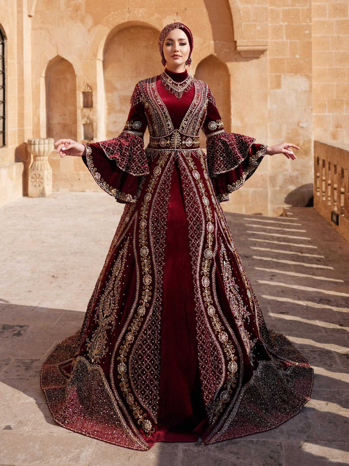 buy Burgundy Embroidered Sequin Long Sleeve Henna Hijab Gown Dress plus sizes online henna turkish kaftans 