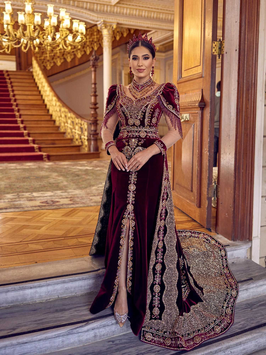 buy Burgundy Long Tail Mermaid Heavy Embellished Gold Lace Formal Dress online party dress shop