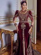 Burgundy Long Tail Mermaid Heavy Embellished Gold Lace Formal Dress Sultan Dress Burgundy Long Tail Mermaid Heavy Embellished Gold Lace Formal Dress Sultan Dress