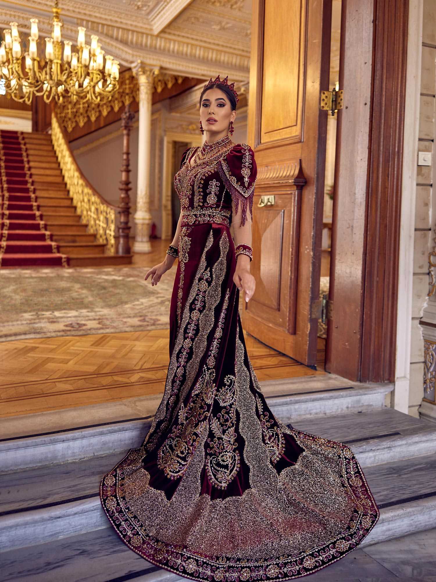 Burgundy Long Tail Mermaid Heavy Embellished Gold Lace Formal Dress Sultan Dress Burgundy Long Tail Mermaid Heavy Embellished Gold Lace Formal Dress Sultan Dress