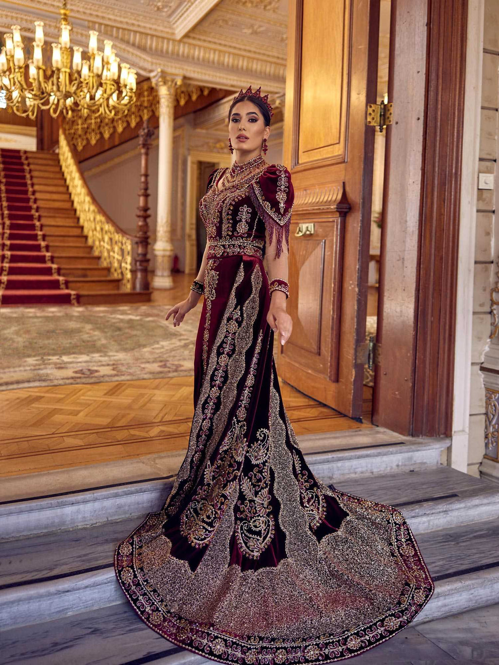 Burgundy Long Tail Mermaid Heavy Embellished Gold Lace Formal Dress Sultan Dress Burgundy Long Tail Mermaid Heavy Embellished Gold Lace Formal Dress Sultan Dress