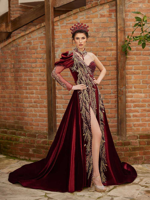 Burgundy One Shoulder Gold Lace Applique Embellished Engagement Party Dress 36