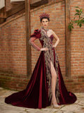 buy cheap Burgundy One Shoulder Off Gold Lace Apllique Beaded Embellished Engagement party Formal Evening Dress online party dresses 
