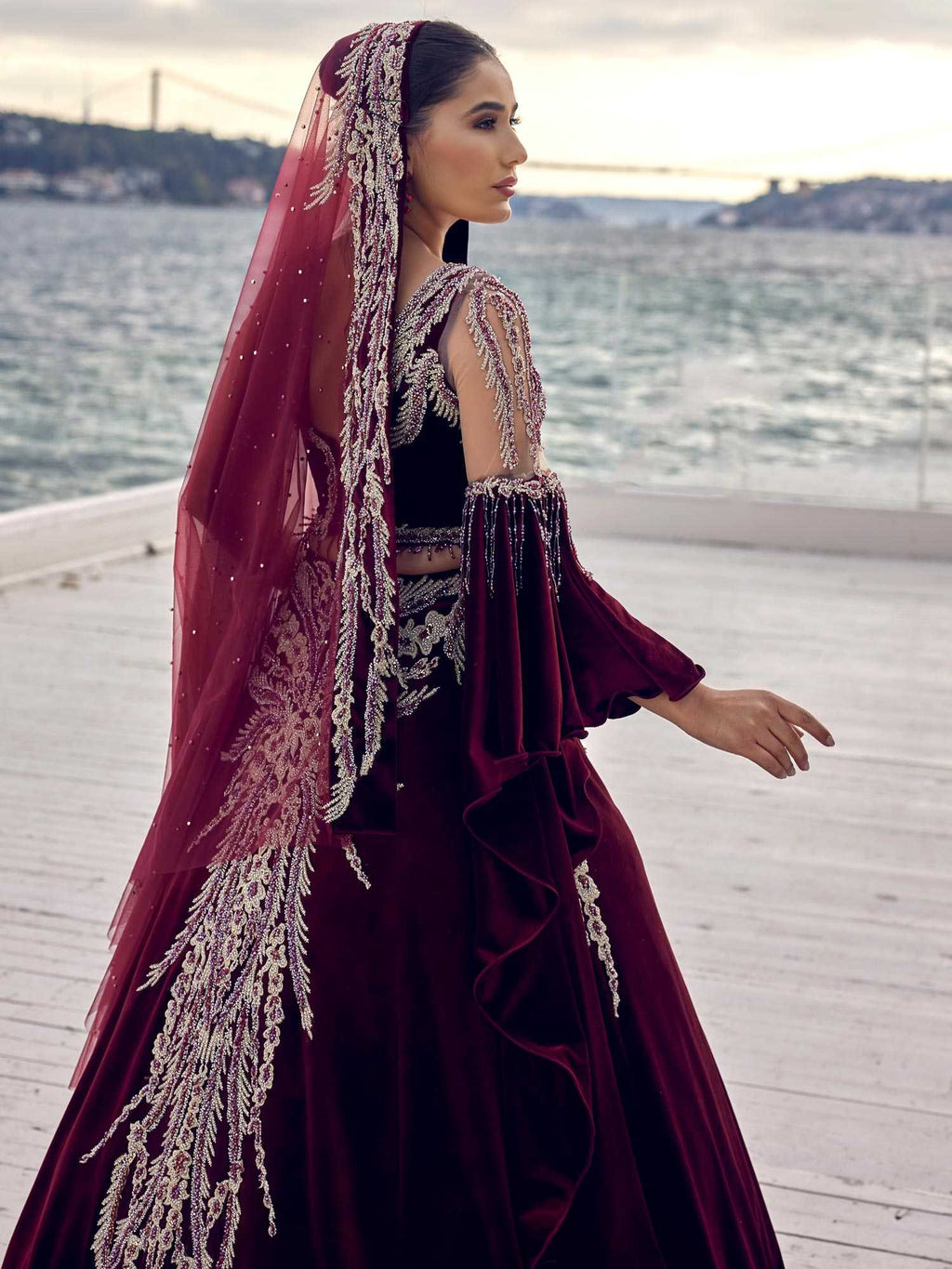 Burgundy Velvet Designer Beaded Bridal Lehenga Henna Dress – Sultan Dress