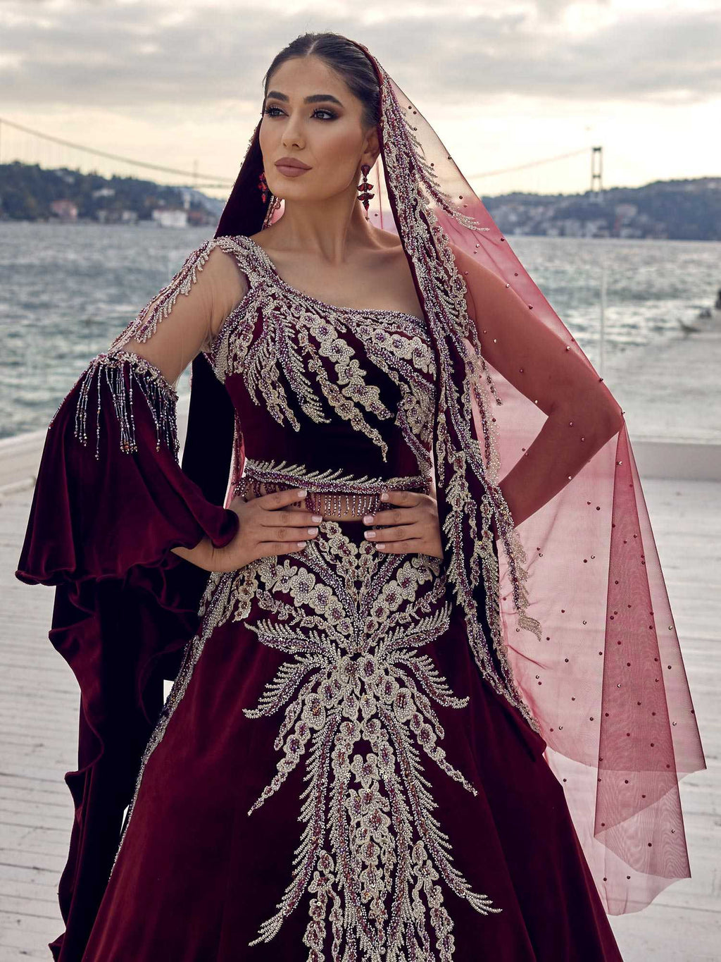 Burgundy Velvet Designer Beaded Bridal Lehenga Henna Dress  Sultan Dress