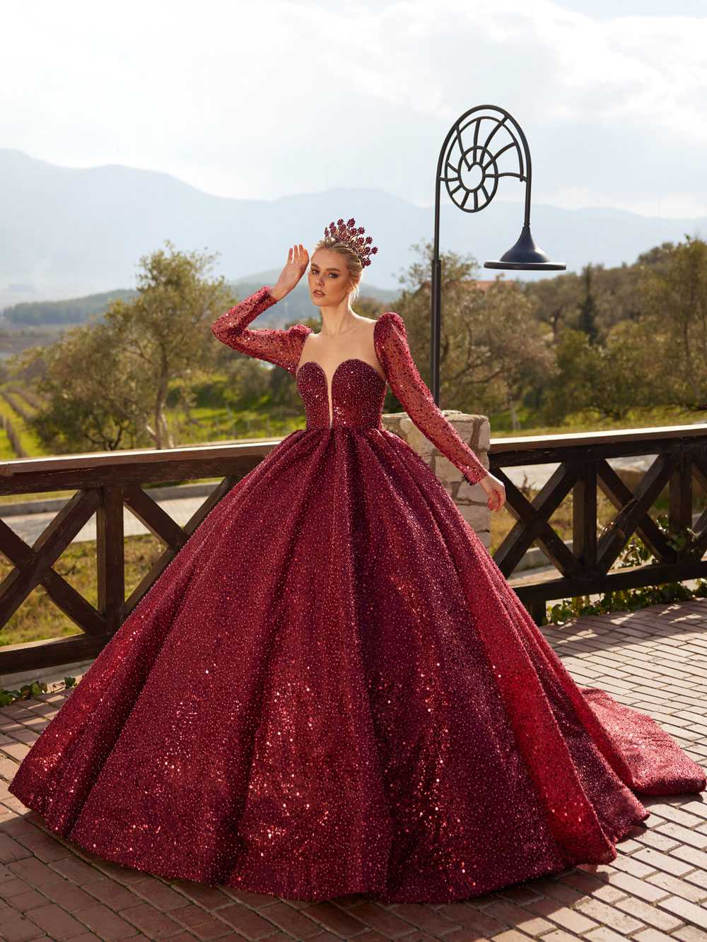 buy Burgundy Sweetheart Neck Long Sleeve Fully Sequined Long Tail Glitter Formal Wedding Bridal Ball Gown Prom Dress online ball gowns