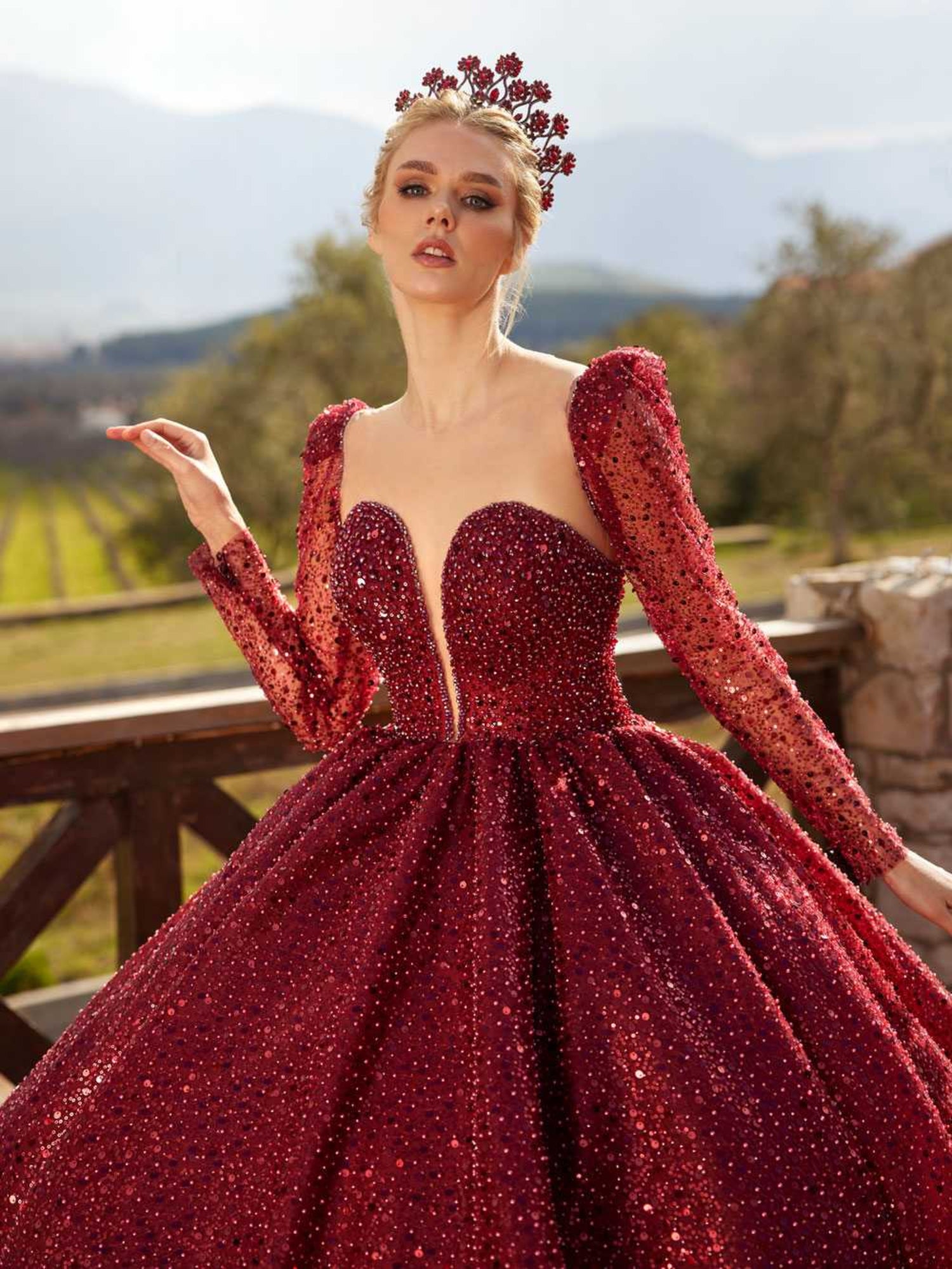 Burgundy Sweetheart Long Sleeve Sequin Wedding Ball Gown
