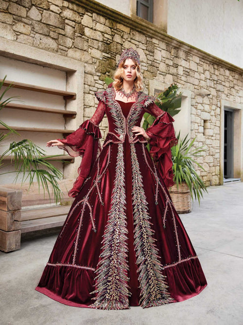 burgundy princess dress Prom Ball Gown Elegant Long Kaftan -Sultan Hemline/Train