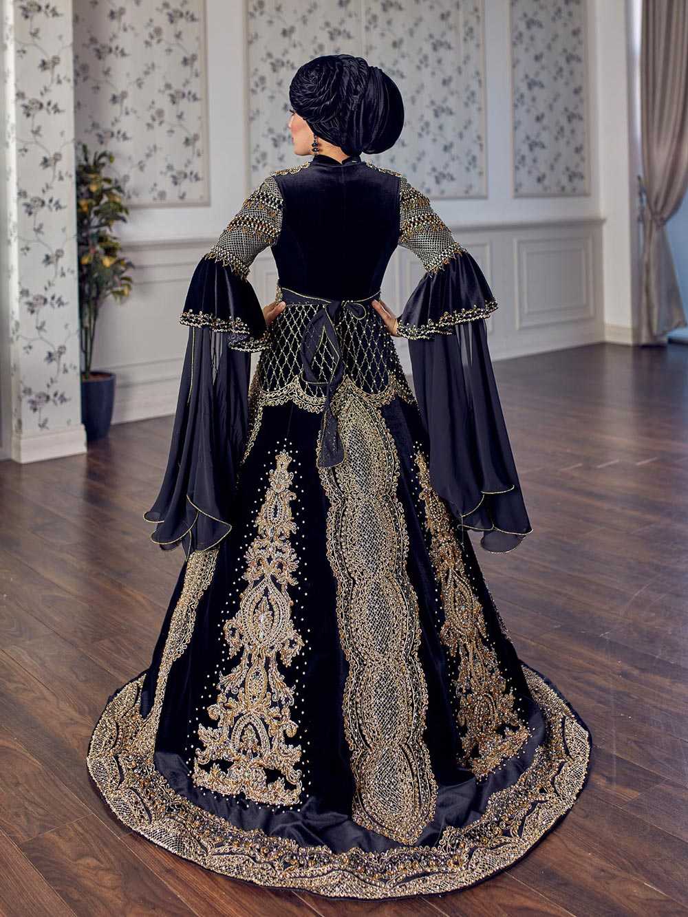 Dark Blue Luxury gold appliques heavily embroidered muslim style long sleeve Islamic Wedding Bridal caftan Dress (1)