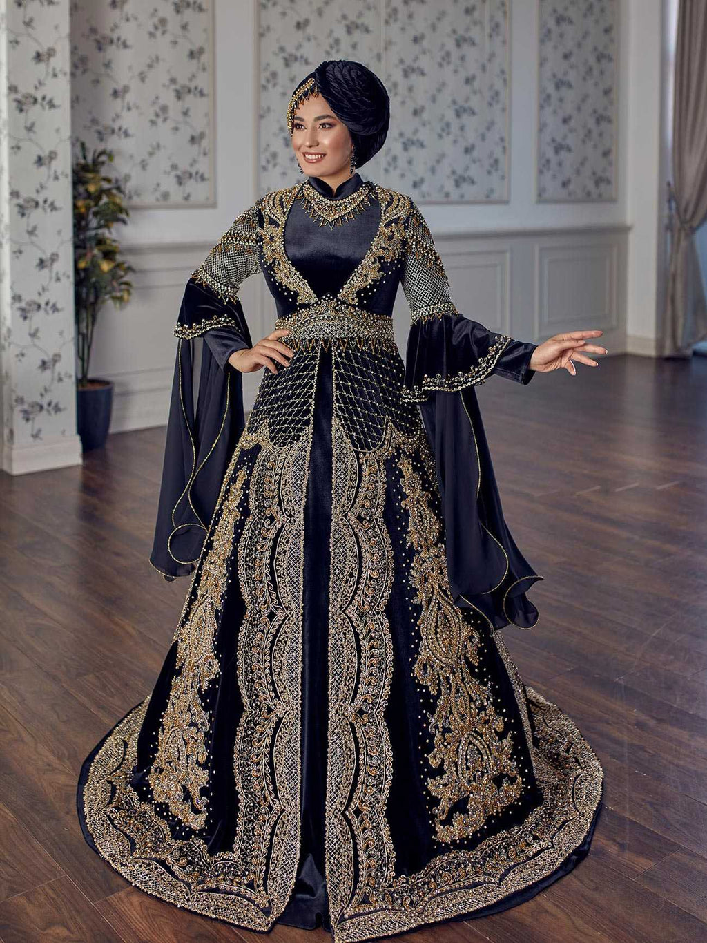 Dark Blue Luxury gold appliques heavily embroidered muslim style long sleeve Islamic Wedding Bridal caftan Dress (2)