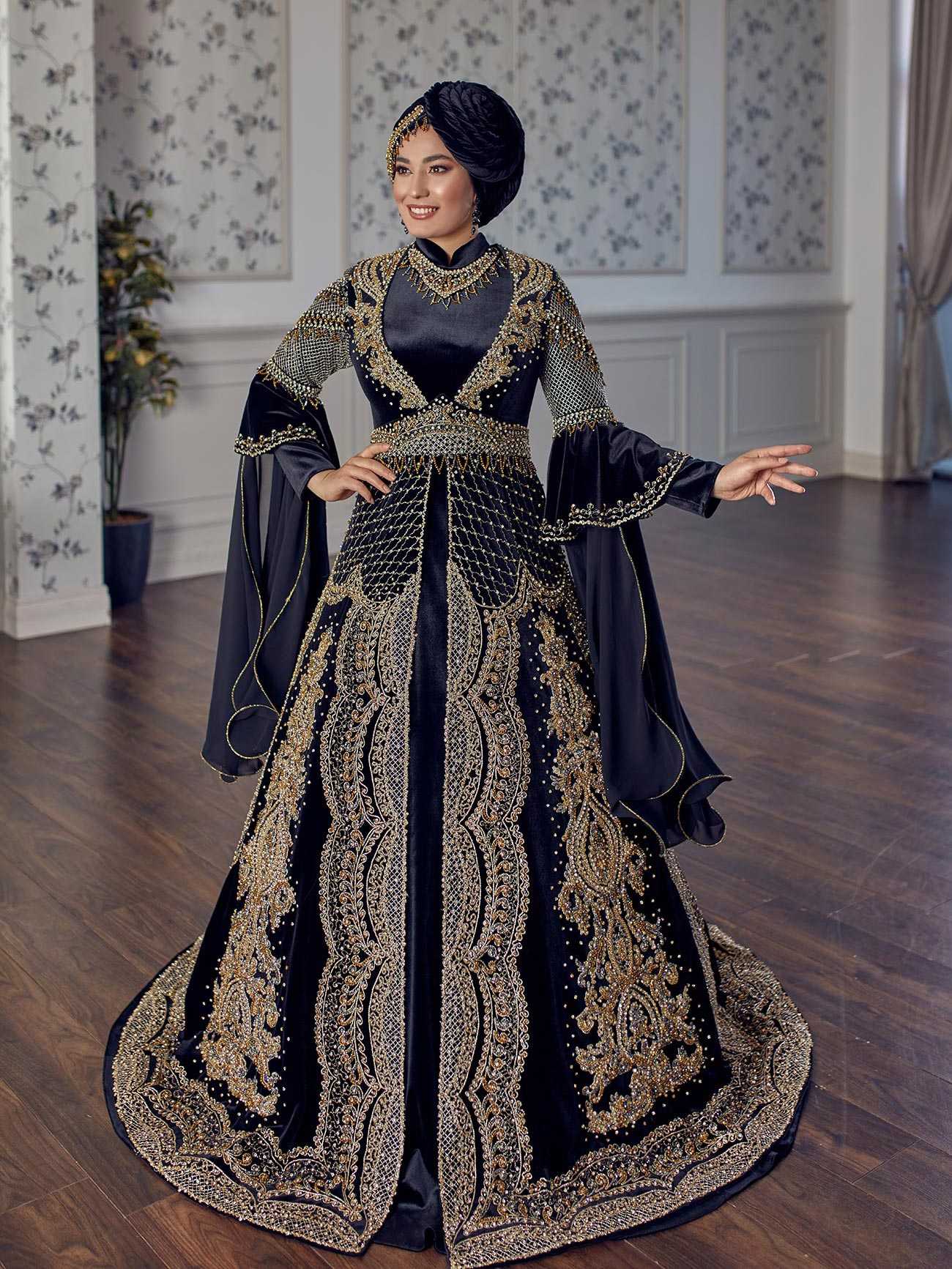 Dark Blue Luxury gold appliques heavily embroidered muslim style long sleeve Islamic Wedding Bridal caftan Dress (2)