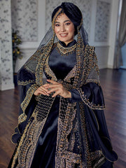 Dark Blue Luxury gold appliques heavily embroidered muslim style long sleeve Islamic Wedding Bridal caftan Dress (3)