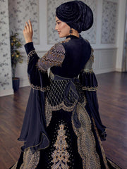 Dark Blue Luxury gold appliques heavily embroidered muslim style long sleeve Islamic Wedding Bridal caftan Dress (4)