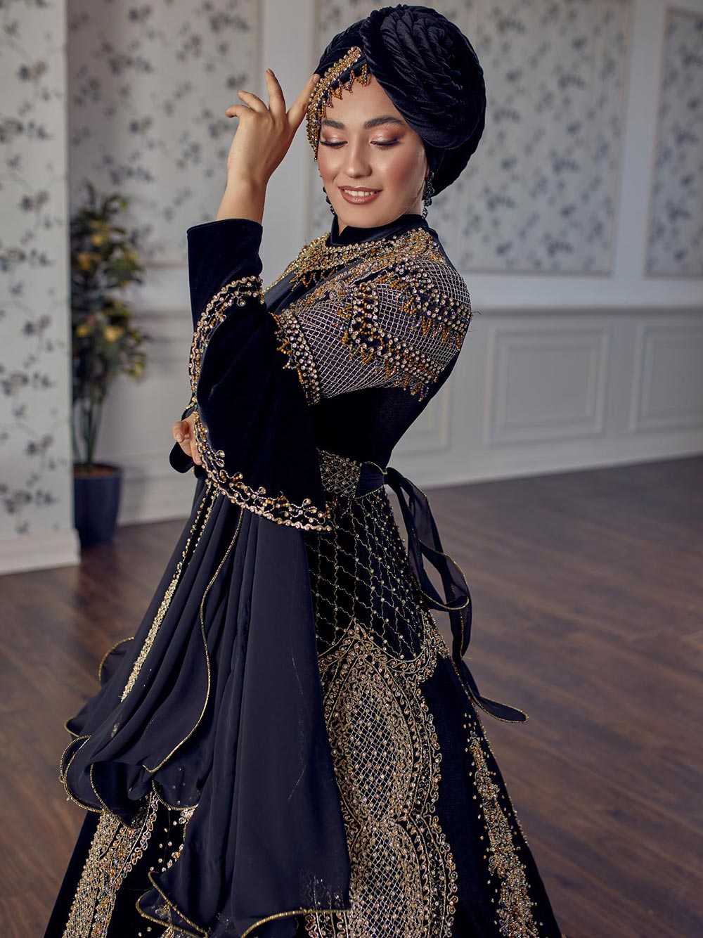 Dark Blue Luxury gold appliques heavily embroidered muslim style long sleeve Islamic Wedding Bridal caftan Dress (5)
