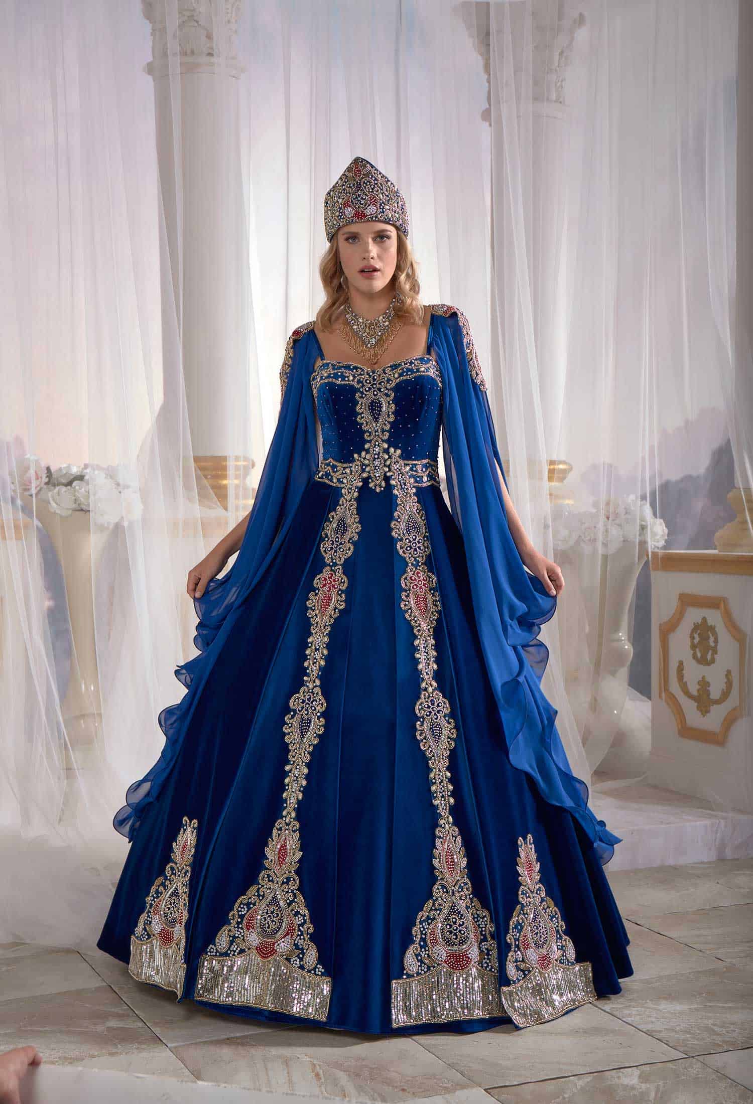 Dark Blue Panels Velvet Tulle Cape Cut Out Detail Ottoman Sultan Caftan Dresses (2)