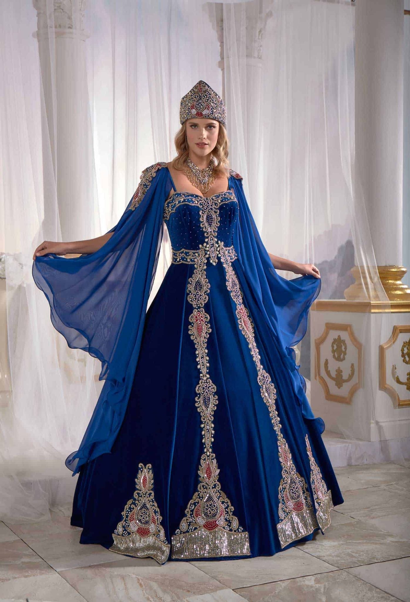 Dark Blue Panels Velvet Tulle Cape Cut Out Detail Ottoman Sultan Caftan Dresses (3)