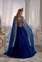 Dark Blue Panels Velvet Tulle Cape Cut Out Detail Ottoman Sultan Caftan Dresses (4)