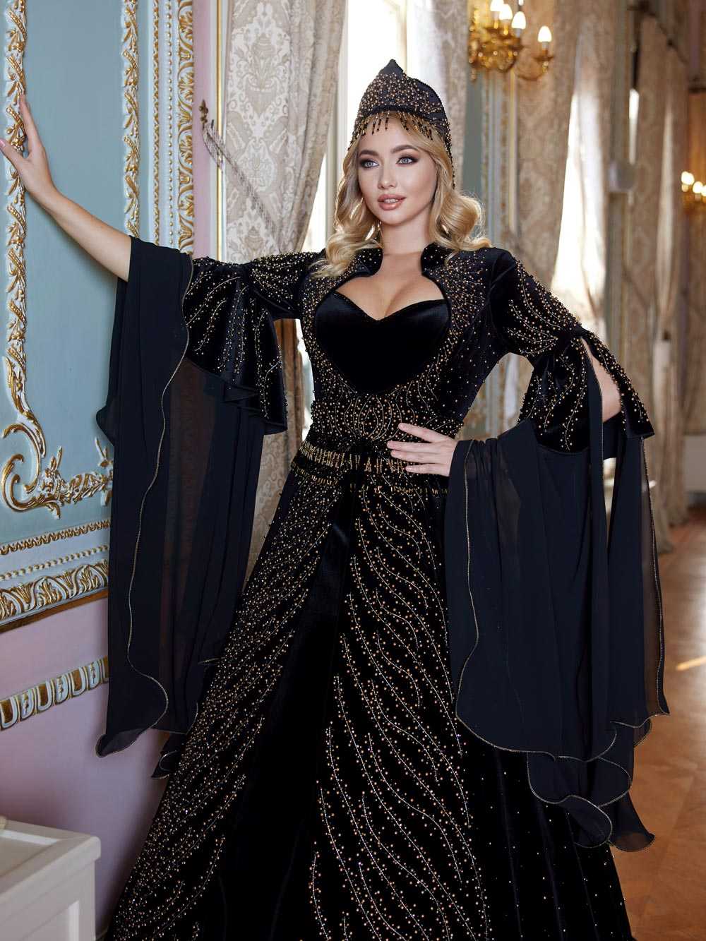 Dark Blue Velvet Long Tail Rhinestones Embellished Party Gown Sultan Dress Dark Blue Velvet Long Tail Rhinestones Embellished Party Gown Sultan Dress