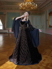 Dark Blue Velvet Embellished With Rhinestones Long Tail Chic Party Gown Dress online for ladies inci-(8)