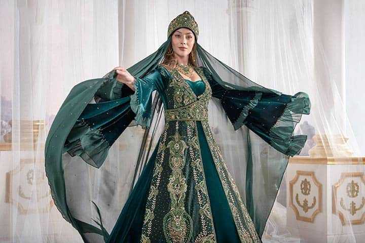 Dark Green Golden Embroidery Velvet Caftan Dress With cape back online shopping evening gown turkish kaftan-muslim party dress