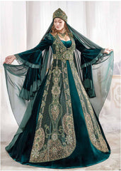 Dark Green Golden Embroidery Velvet Caftan Dress With cape back online shopping evening gown