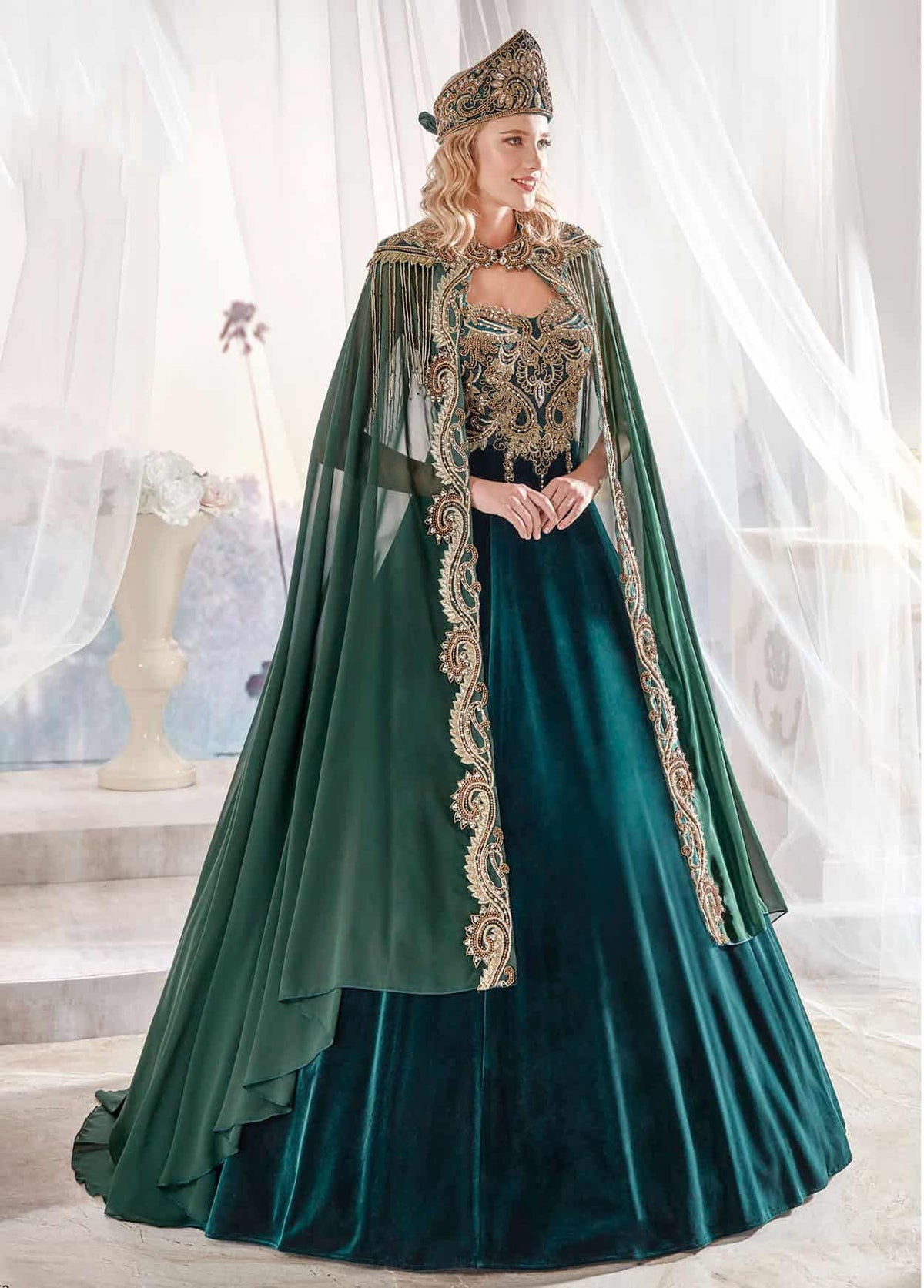 Dark Green Panels Velvet Tulle Cape Cut Out Detail Ottoman Sultan Caftan Dresses