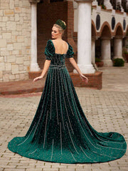 buy trendy emerald green cathedral train full sequin puff sleeve evening gown for wedding party mother of the bride dress online party dresses store
