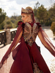 buy butterfly embellished cape sleeve burgundy henna party gown online kaftans dress skops
