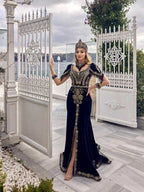 buy Elegant Navy Blue Long Tulle Sleeves Mermaid Style Gold Lace Appliques Evening Formal Dress online party dresses shop