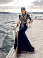 buy Elegant Navy Blue Long Tulle Sleeves Mermaid Style Gold Lace Appliques Evening Formal Dress online for women 