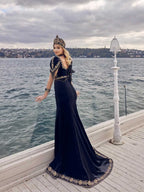 buy sweep train tulip sleeves trumpet velvet gold embroidered elegant henna party formal dress online formal gowns boutique