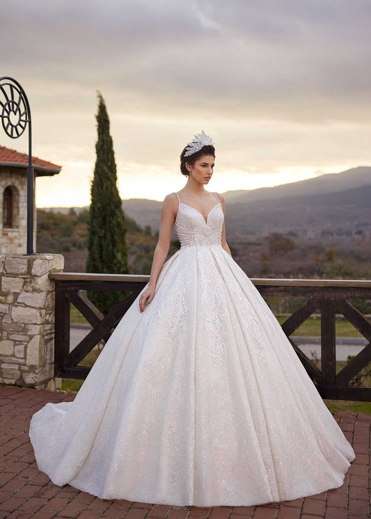 buy petite Simple But Elegant Sequin Lace Train Summer Minimalist Bridal Gown online bridal gowns store