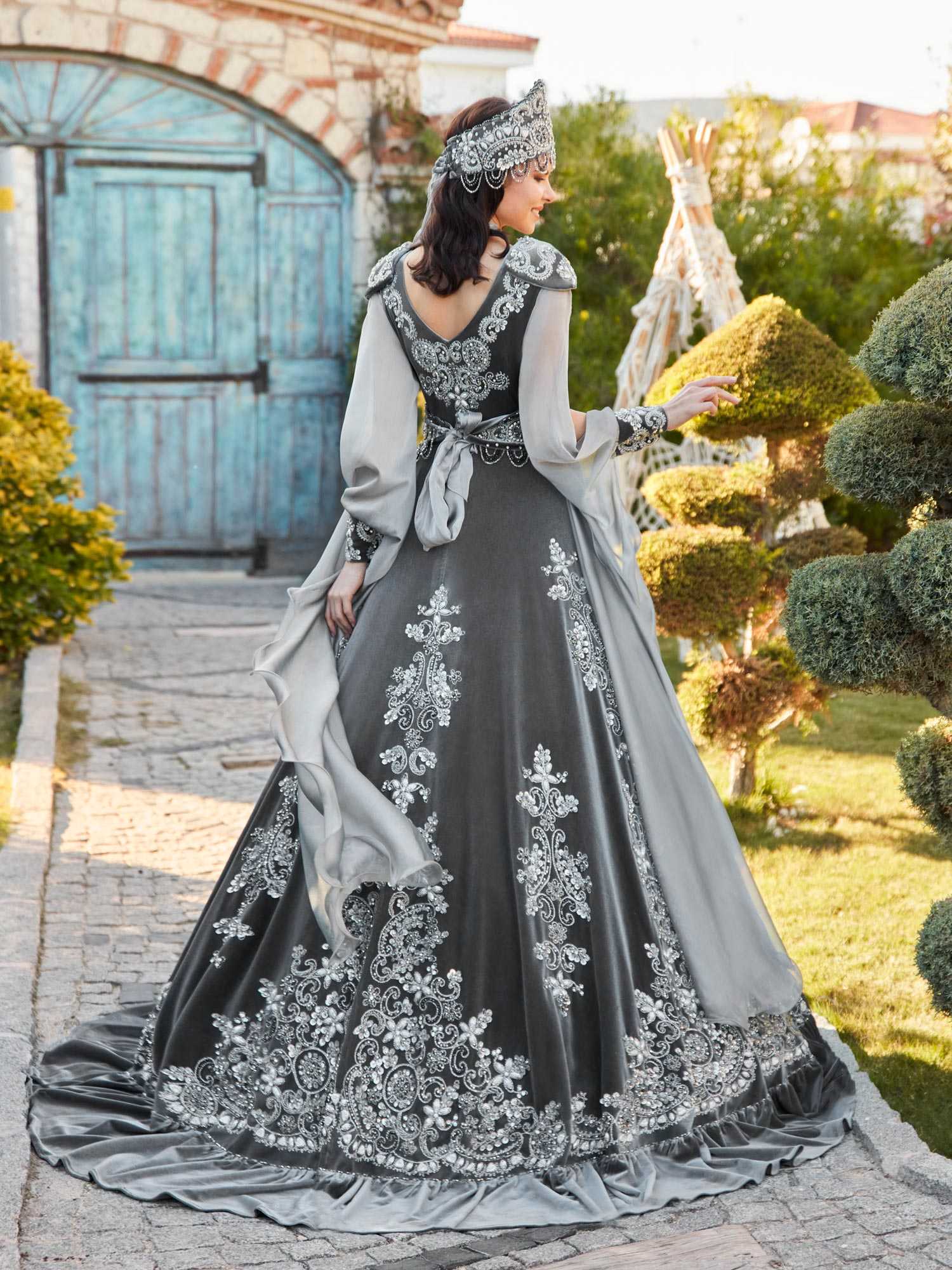 rbuy tulle grey sleeves silver sequins embellished floral embroidered long velvet elegant henna bride kaftan gown dress