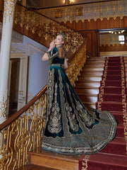 Buy Emerald Green traditional embellished design gold lace applique detachable train stunning henna kaftan dress online store