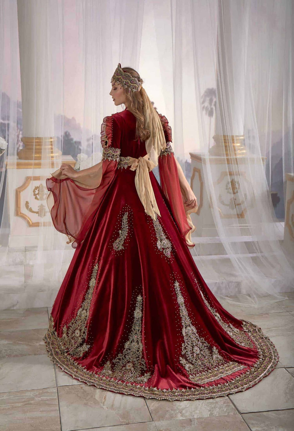Exclusive Red Chic Caftan Set Slit Velvet Delicate Sequins buy online evening dress shopping maxi gowns online (1)