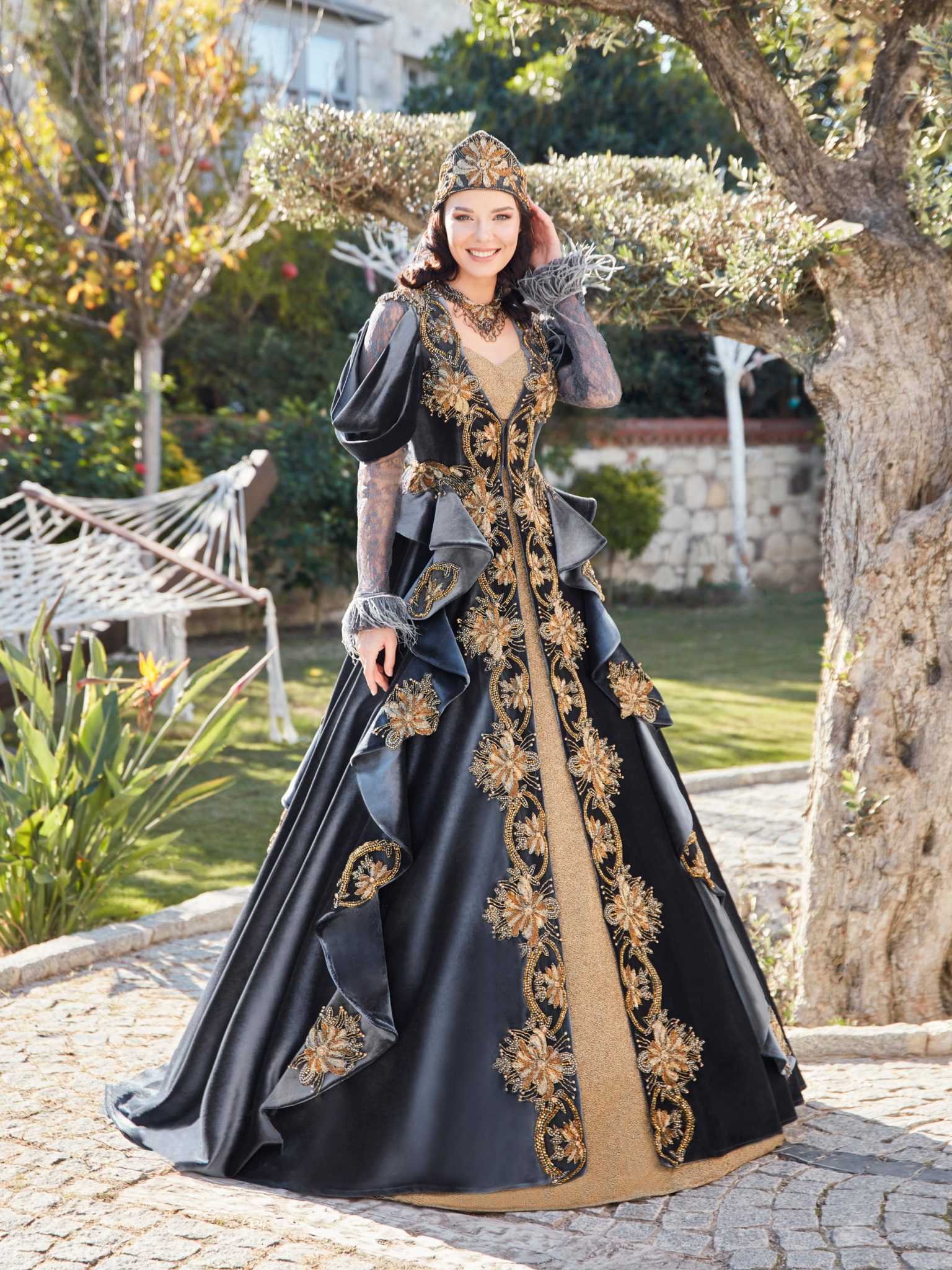 buy cheap Fancy Dark Grey Gold Sequin Long Juliet Sleeves Floral Design Bridal Henna Kaftan Gown plus size online caftan gown store