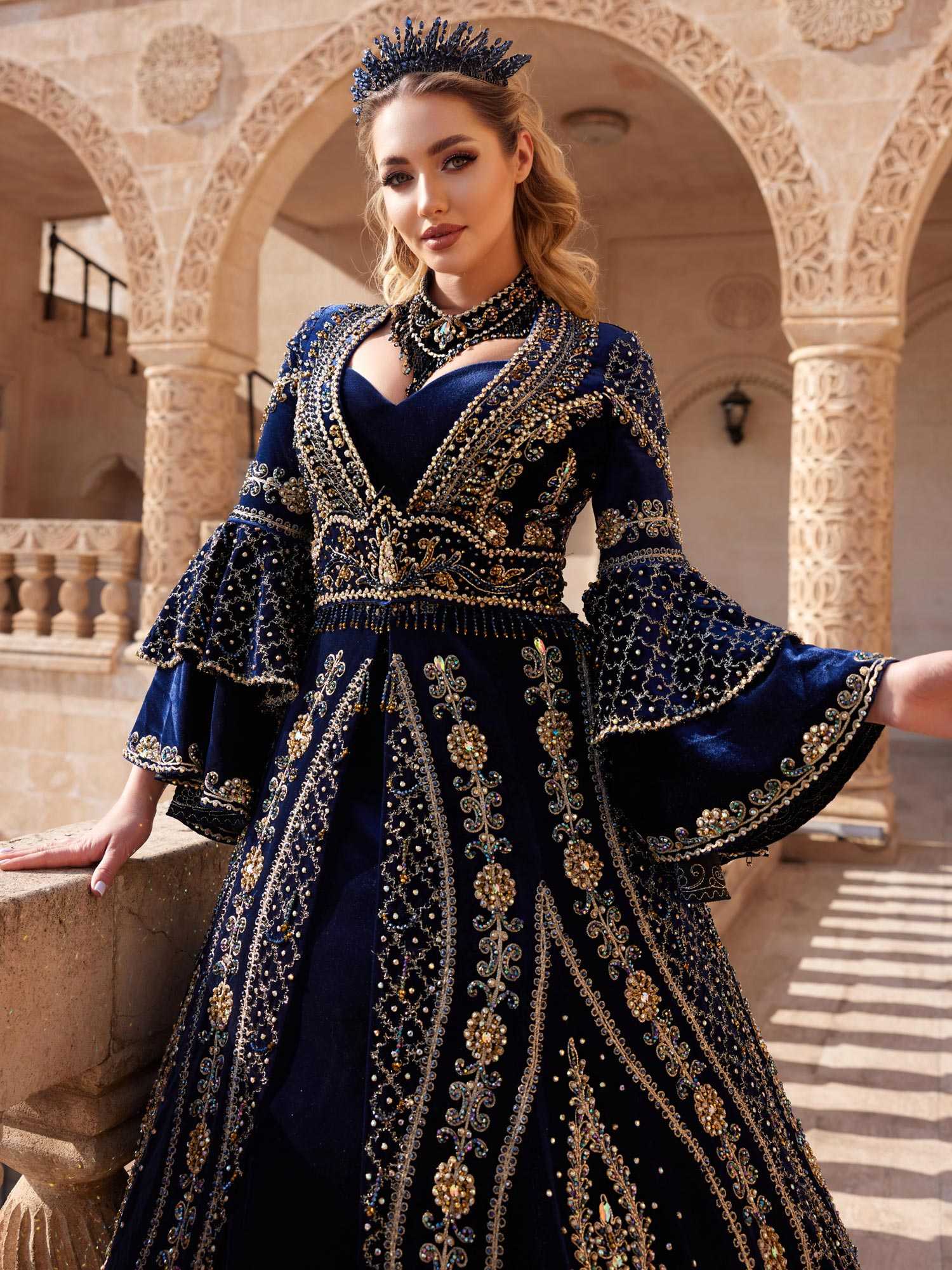 buy elegant heavy embroidered gold beaded fringed belt traditional design henna kaftan dress with affordable price online shopping
