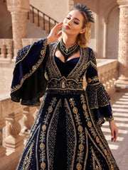 buy navy blue velvet sweetheart neck heavy embroidered gold beaded henna party dress with long sleeve online shopping