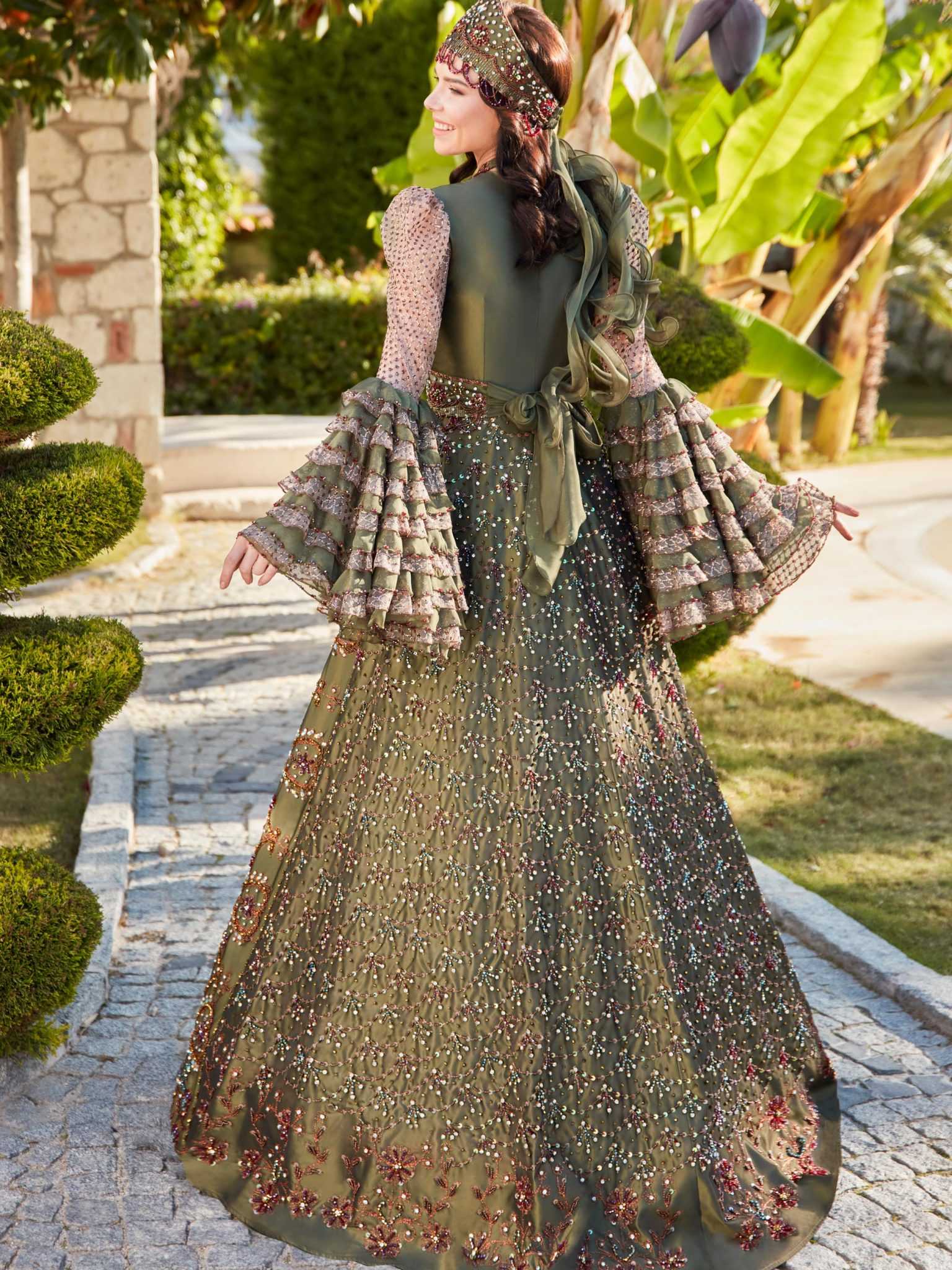 buy Green Floor Length a line frill long sleeves Wedding Henna Night Kaftan Dress