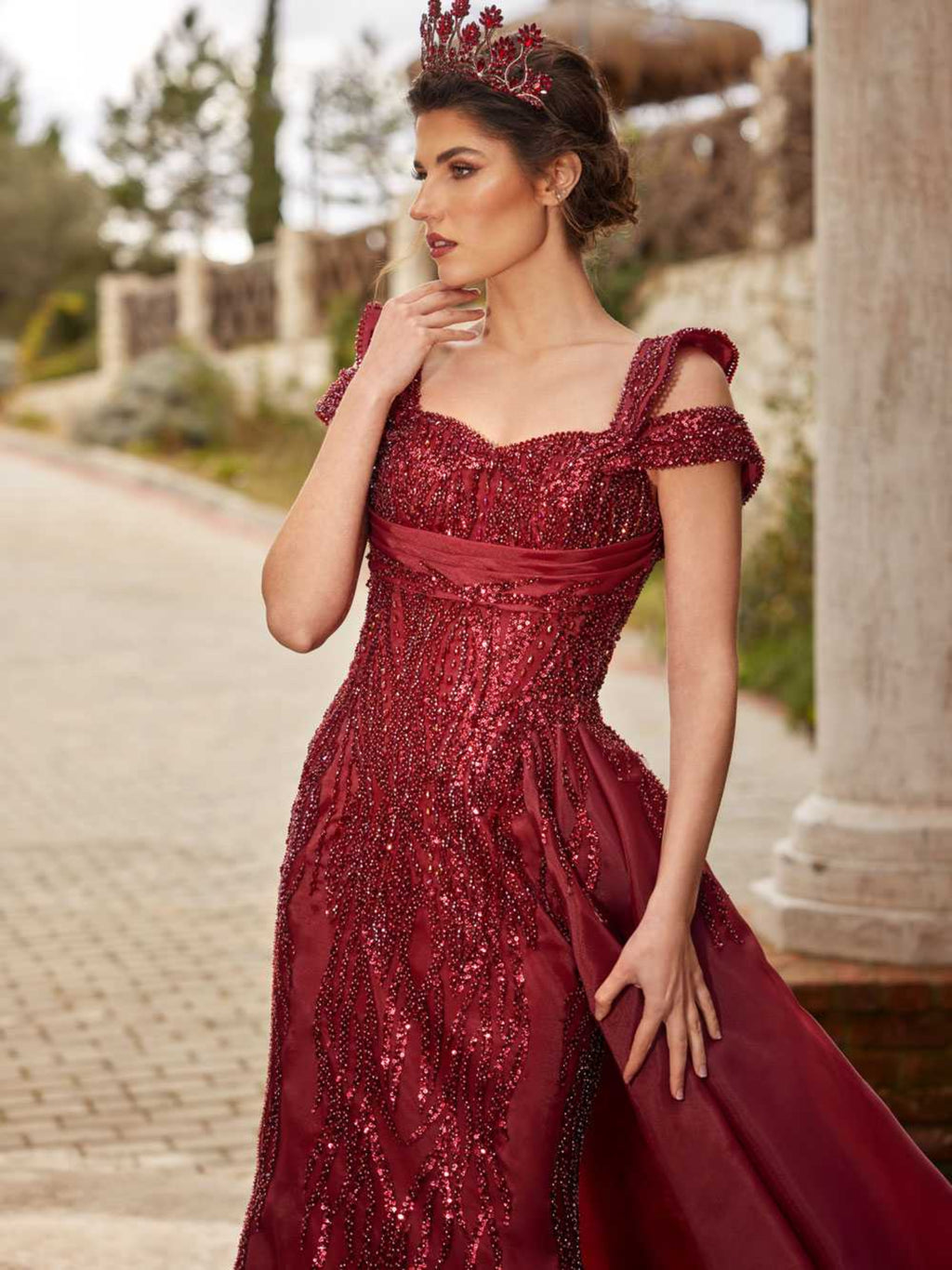 Burgundy Fitted Sweetheart Maxi Beaded Formal Evening Dress 42